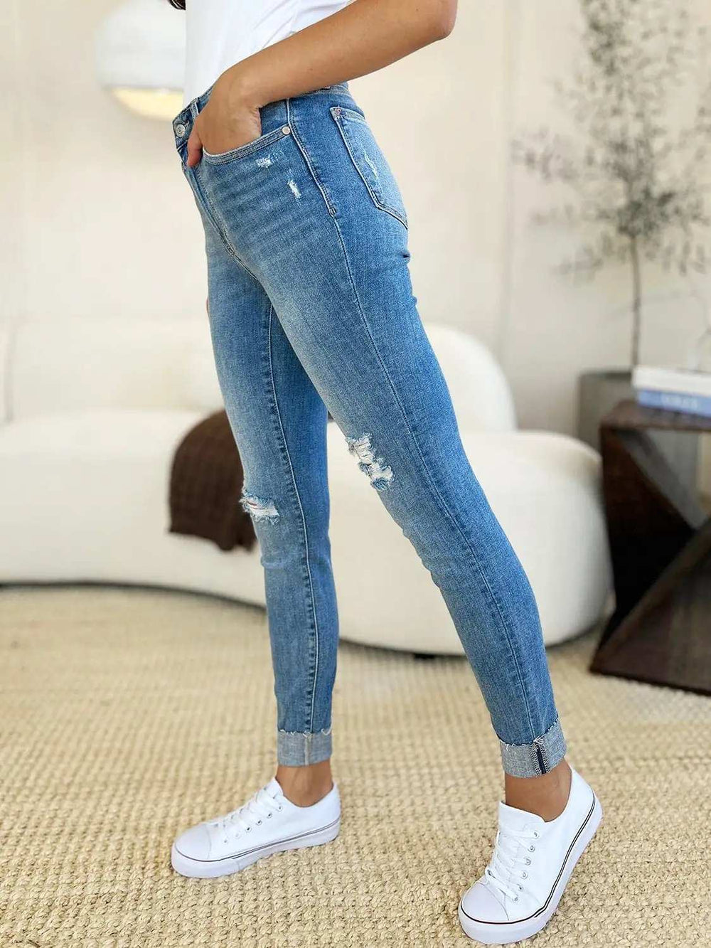 Judy Blue Full Size Mid Rise Destroy & Cuff Skinny Jeans - Trendsi - Flyclothing LLC