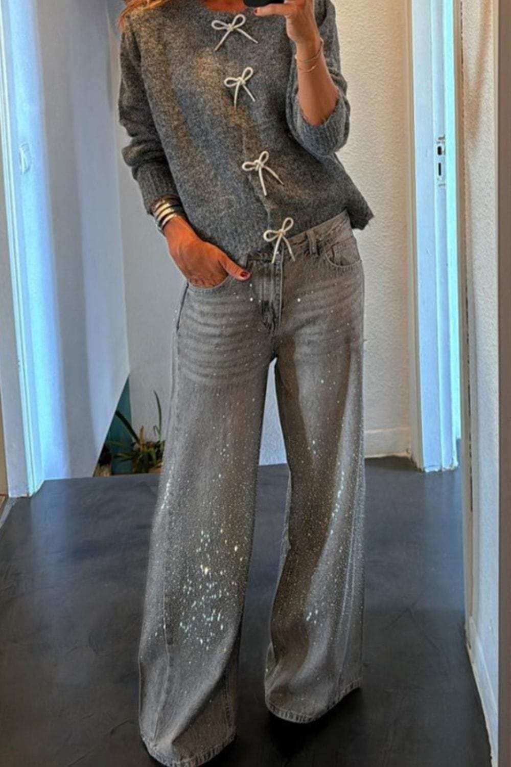 Bow Round Neck Long Sleeve Cardigan - Trendsi - Flyclothing LLC