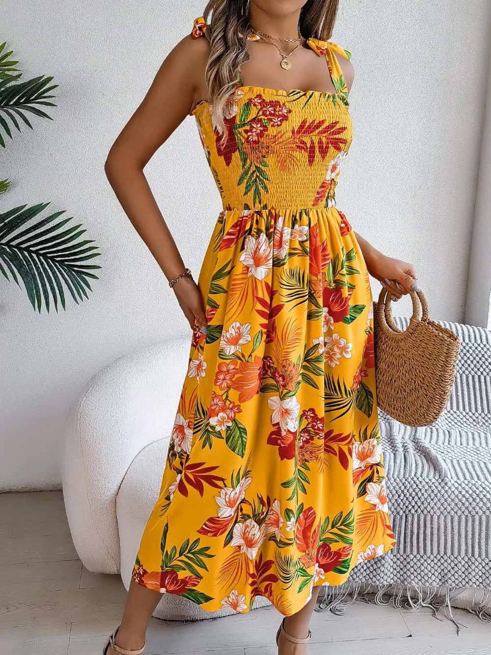 Smocked Floral Tie Shoulder Midi Dress - Trendsi - Flyclothing LLC