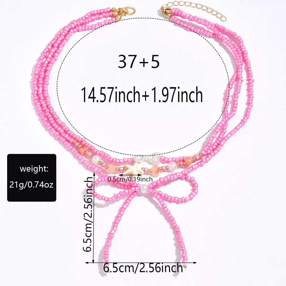 Beaded Three-Layered Necklace with Bow and Starfish Charms - Trendsi - Flyclothing LLC