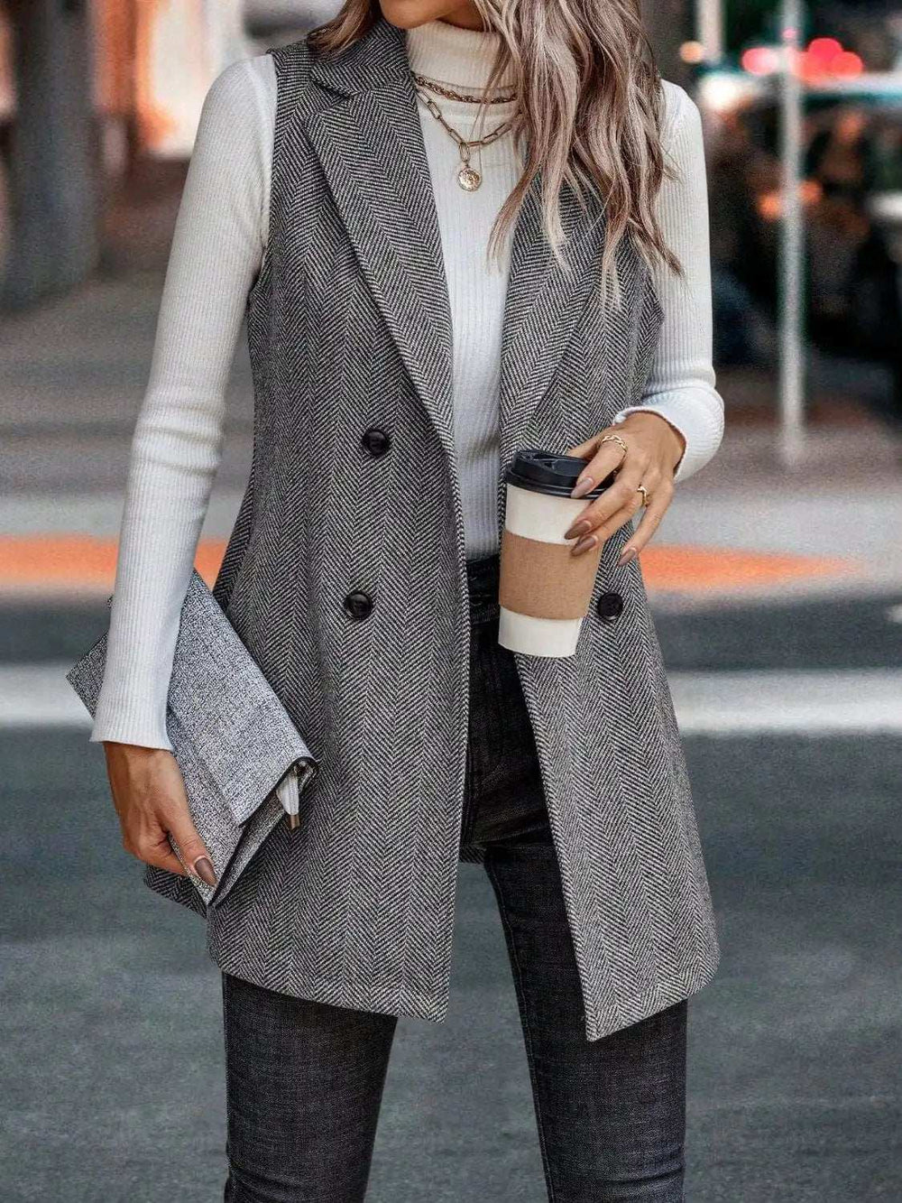 Buttoned Collared Neck Longline Vest Coat - Trendsi - Flyclothing LLC