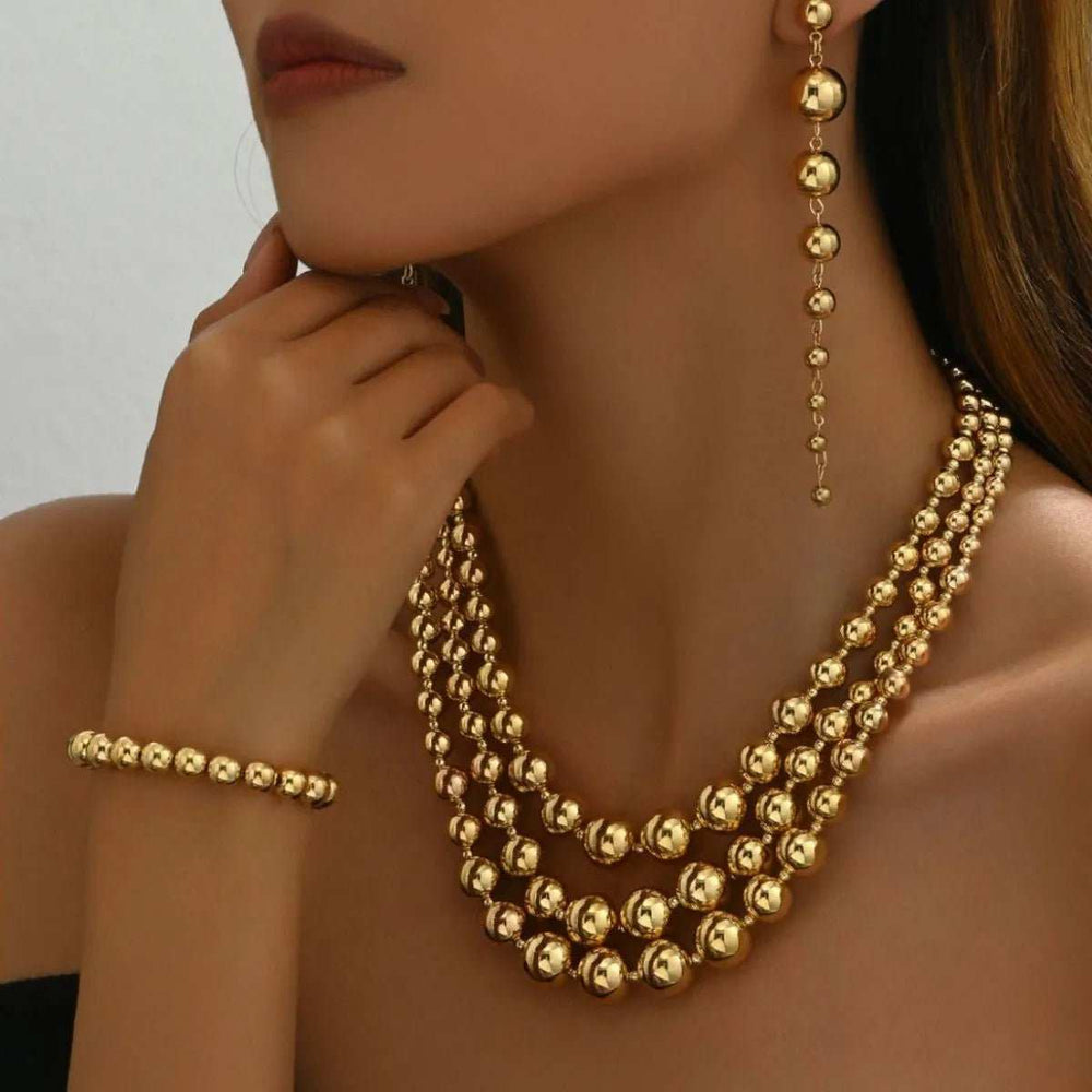 18K Stainless Steel Beaded Multi-Layered Necklace Bracelet Earrings Jewelry Set - Trendsi - Flyclothing LLC