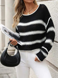 Striped Round Neck Long Sleeve Sweater - Trendsi - Flyclothing LLC