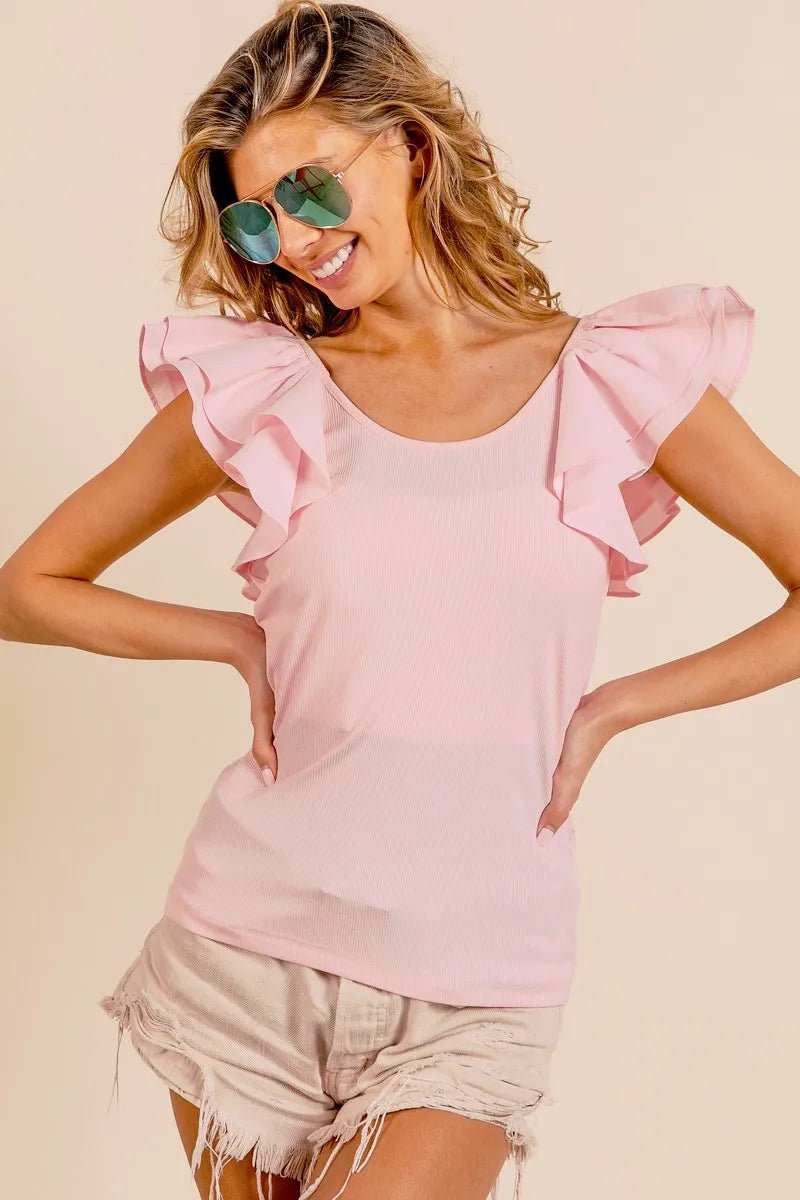 BiBi Wide Layered Ruffle Sleeve Scoop Neck Ribbed Top - Trendsi - Flyclothing LLC