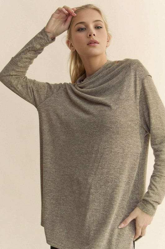 Davi & Dani Slit Mock Neck Long Sleeve Top - Trendsi - Flyclothing LLC