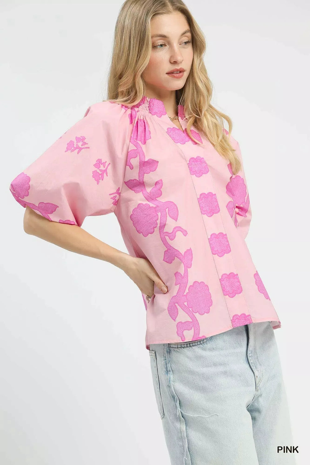 Umgee Floral Smocked Notched Puff Sleeve Blouse - Trendsi - Flyclothing LLC