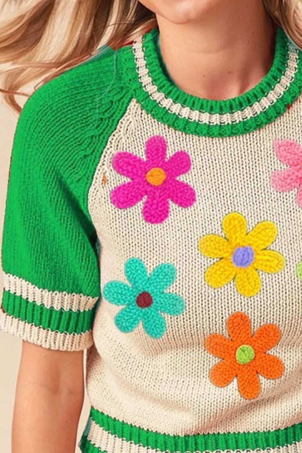 BiBi Crochet Flower Patches Striped Rib Band Sweater - Trendsi - Flyclothing LLC