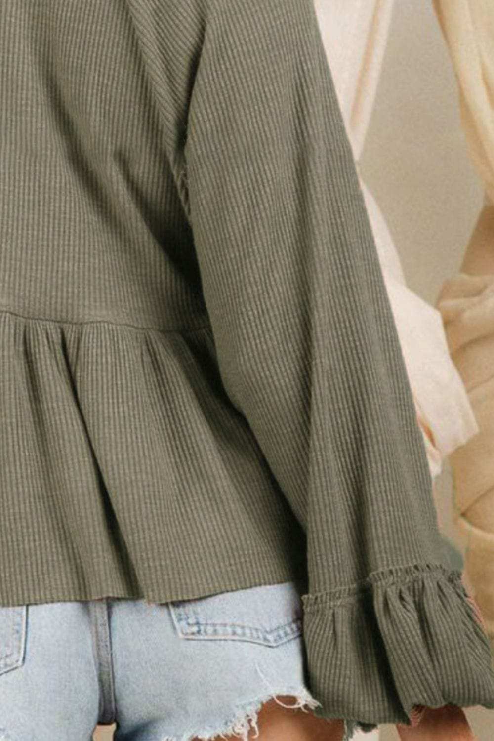 Notched Balloon Sleeve Peplum Blouse - Trendsi - Flyclothing LLC