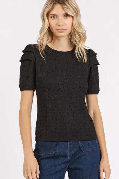 Mittoshop Textured Round Neck Short Sleeve Blouse - Trendsi - Flyclothing LLC