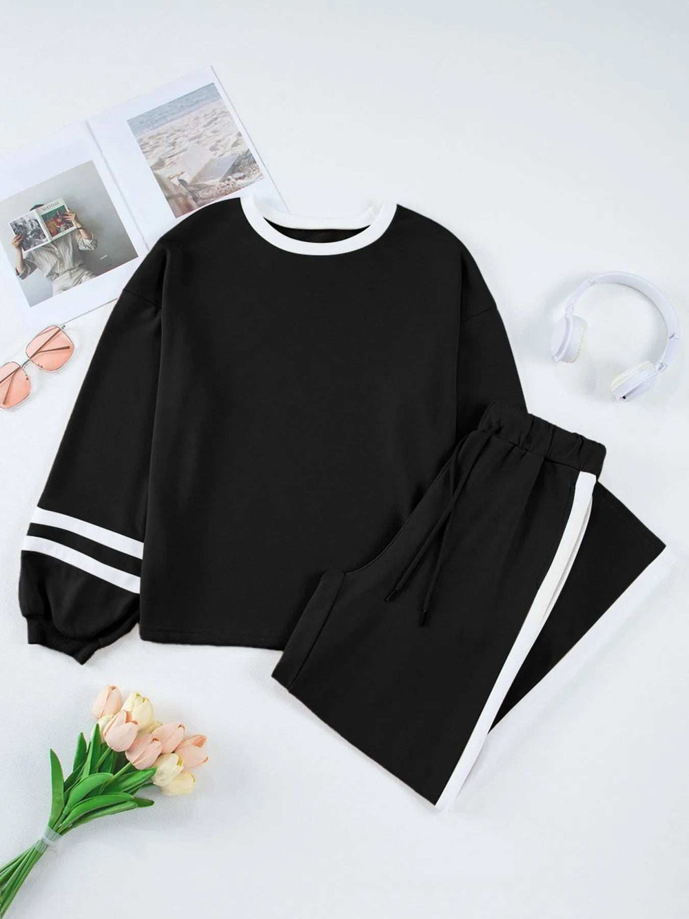 Contrast Trim Round Neck Top and Pants Set - Trendsi - Flyclothing LLC