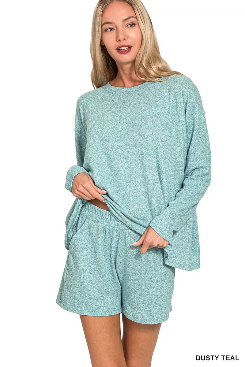 Zenana Soft Melange Long Sleeve Tee and Shorts Set - Trendsi - Flyclothing LLC