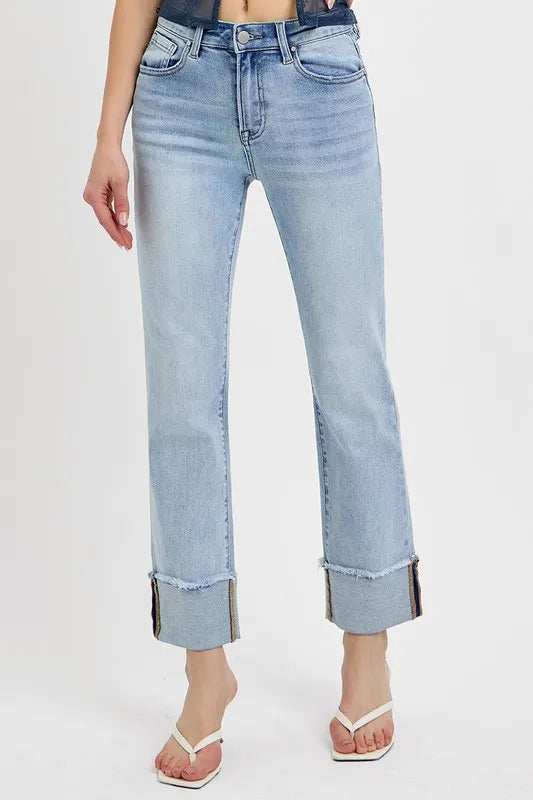 RISEN High Rise Straight Cuffed Relaxed Jeans - Trendsi - Flyclothing LLC