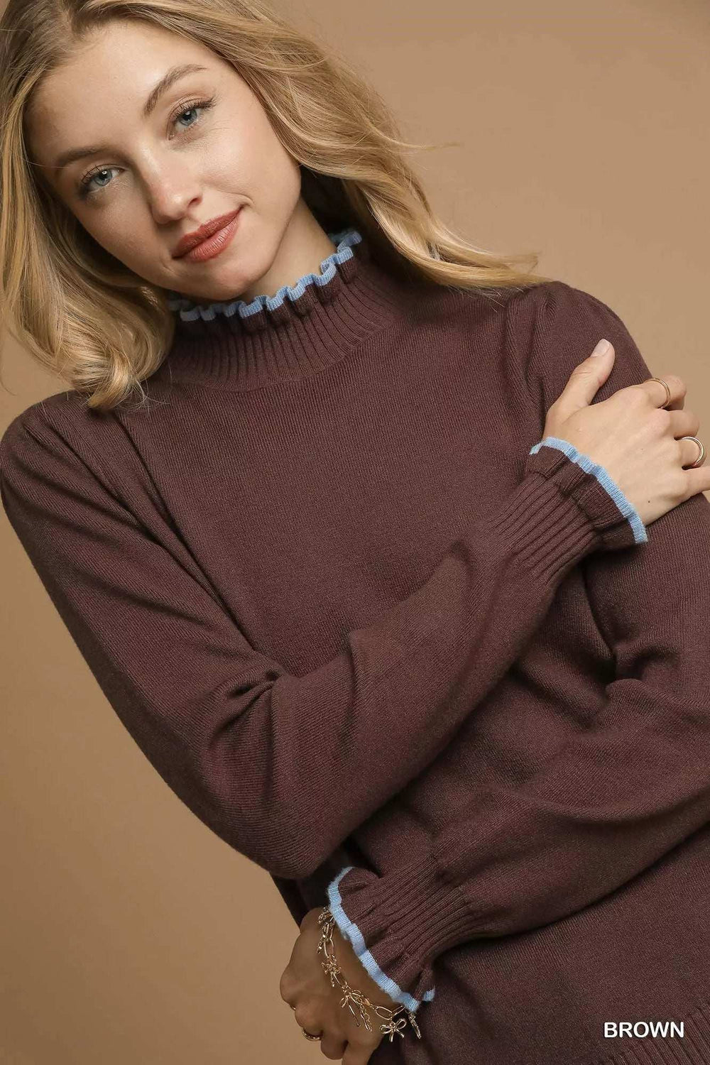Umgee Ribbed Round Neck Sweater with Ruffle Contrast Trim - Trendsi - Flyclothing LLC