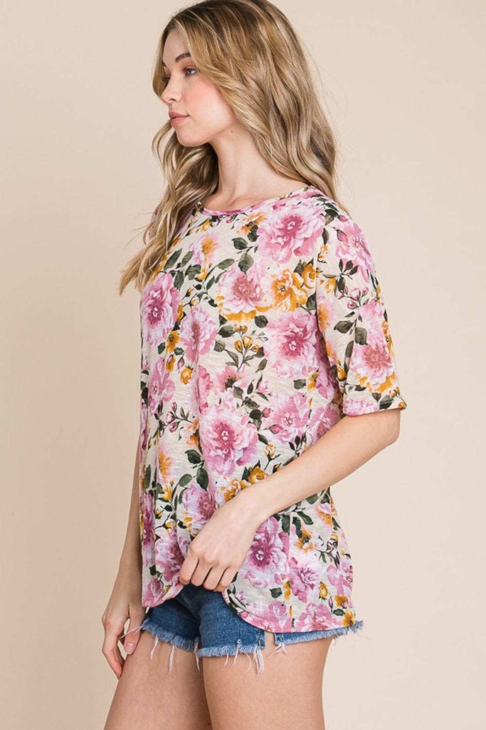 BOMBOM Floral Round Neck T-Shirt - Trendsi - Flyclothing LLC