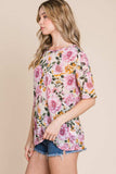 BOMBOM Floral Round Neck T-Shirt - Trendsi - Flyclothing LLC