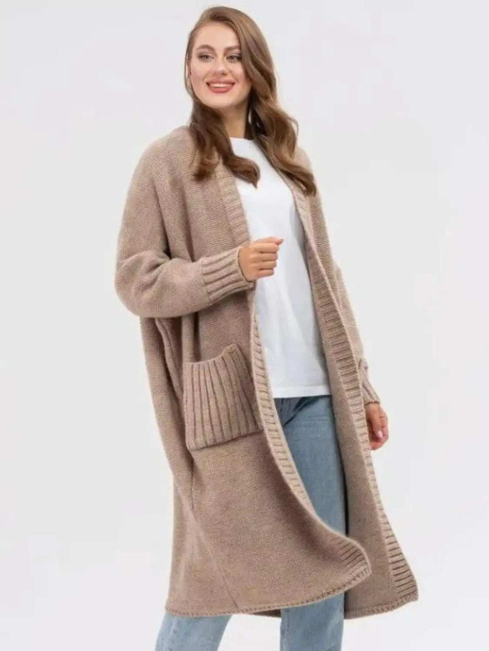 Pocketed Open Front Long Sleeve Longline Cardigan - Trendsi - Flyclothing LLC