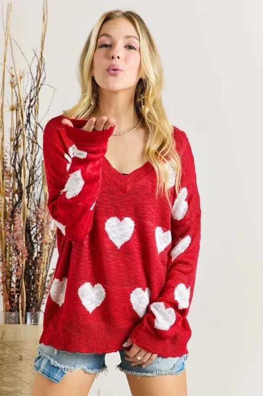 ADORA Full Size Heart V-Neck Knit Top Plus Size - Trendsi - Flyclothing LLC