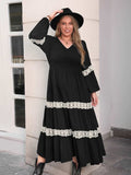 Plus Size Lace Detail V-Neck Long Sleeve Midi Dress - Trendsi - Flyclothing LLC