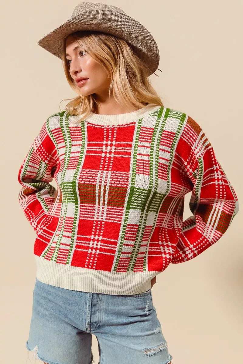 SO ME Christmas Color Checkered Plaid Crew Neck Sweater - Trendsi - Flyclothing LLC
