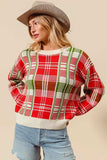 SO ME Christmas Color Checkered Plaid Crew Neck Sweater - Trendsi - Flyclothing LLC