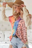 BiBi Print Block V Neck Top with Contrast Stitching - Trendsi - Flyclothing LLC