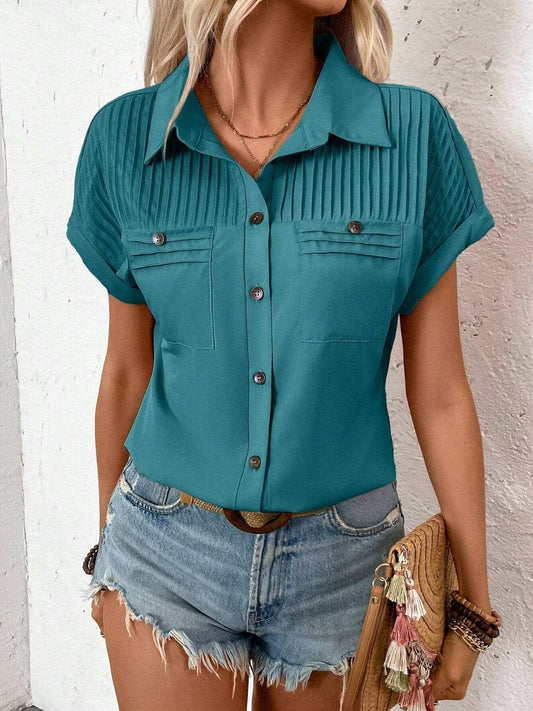 Pleated Detail Collared Neck Short Sleeve Shirt - Trendsi - Flyclothing LLC