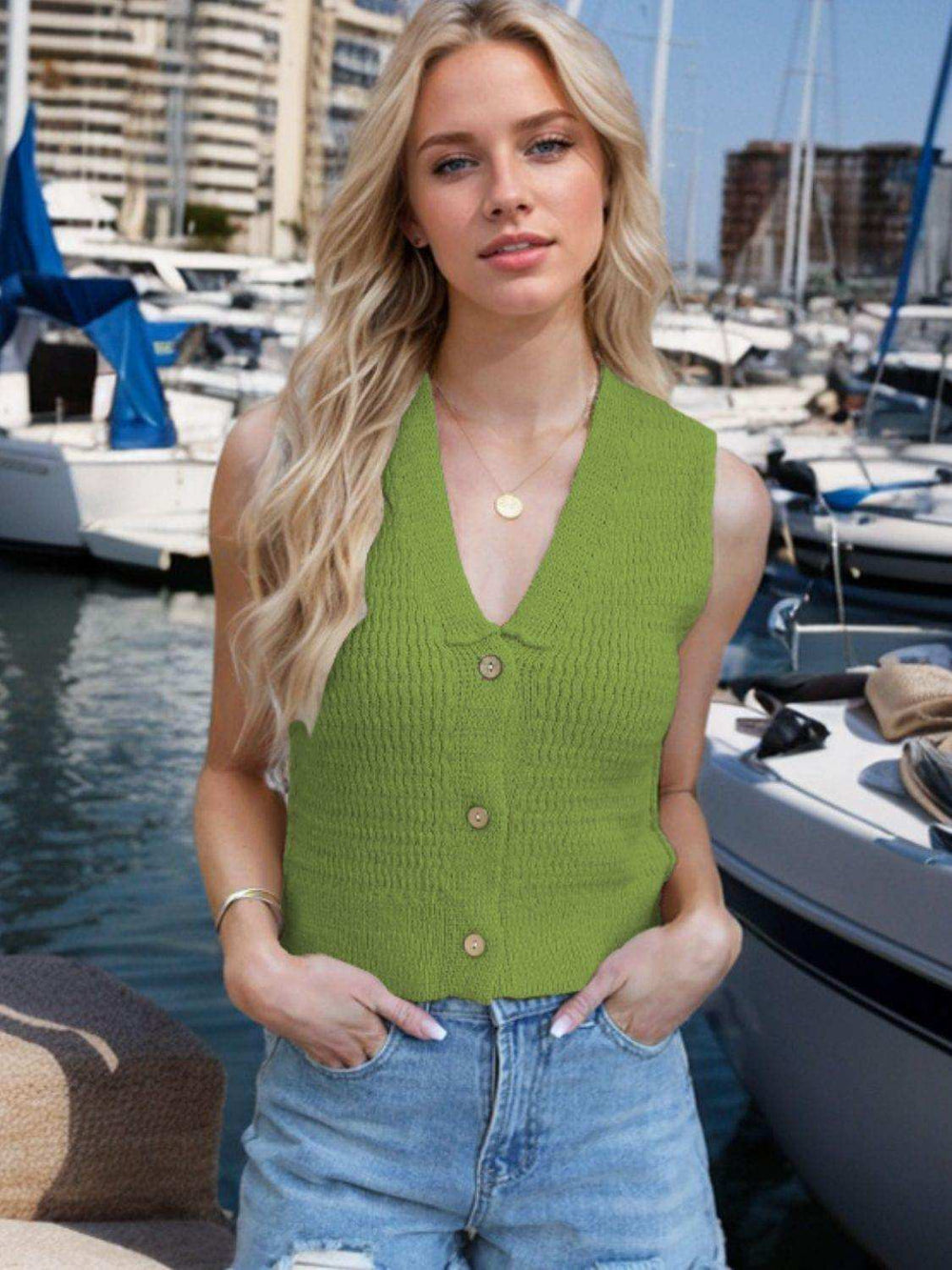 Button Down V-Neck Sweater Vest - Trendsi - Flyclothing LLC