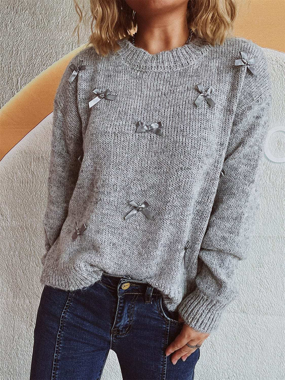 Bow Trim Round Neck Long Sleeve Sweater - Trendsi - Flyclothing LLC