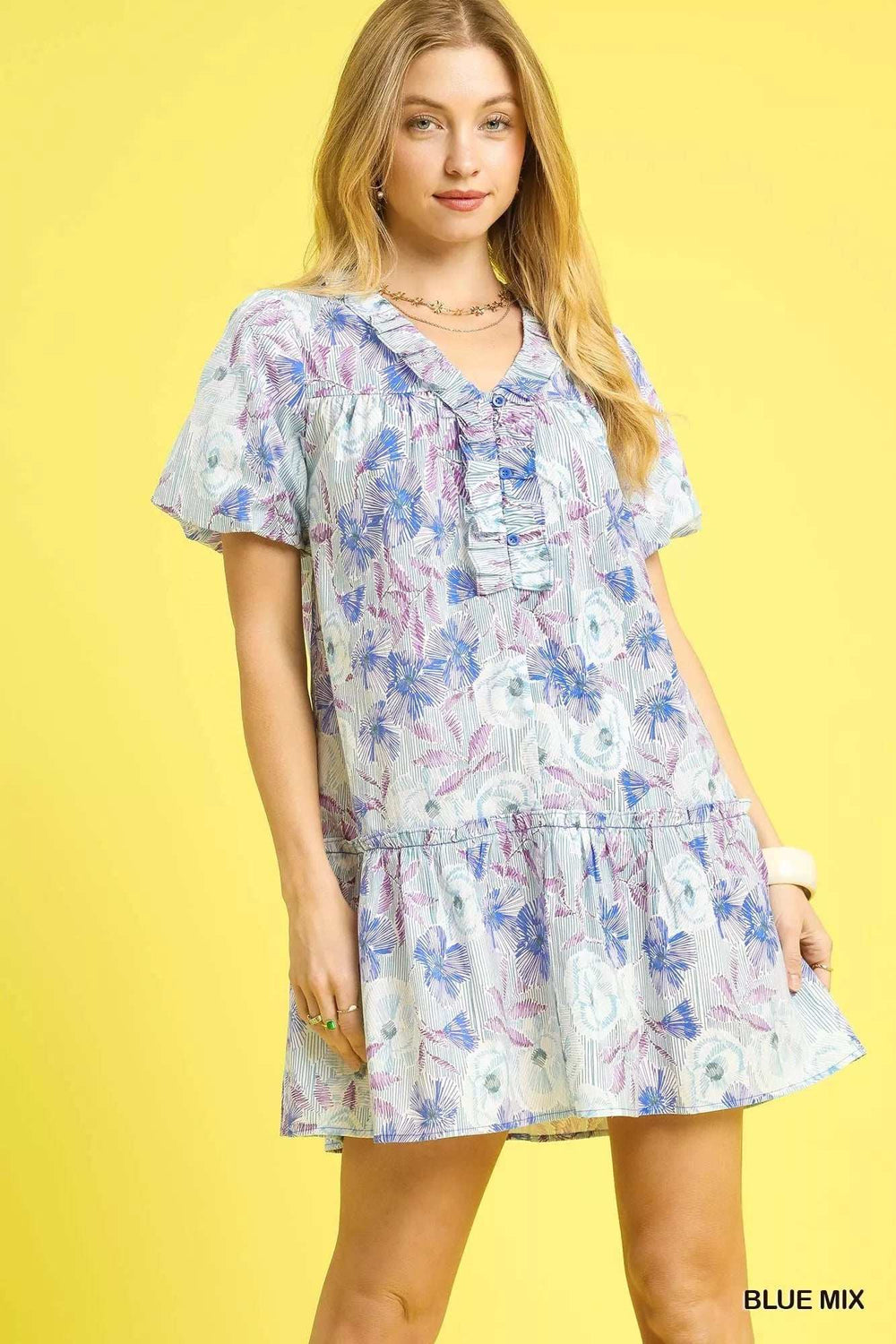 Umgee Floral Ruffled Puff Sleeve Mini Dress - Trendsi - Flyclothing LLC