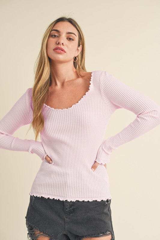 Aemi + Co Lettuce Hem Scoop Neck Long Sleeve Knit Top - Trendsi - Flyclothing LLC