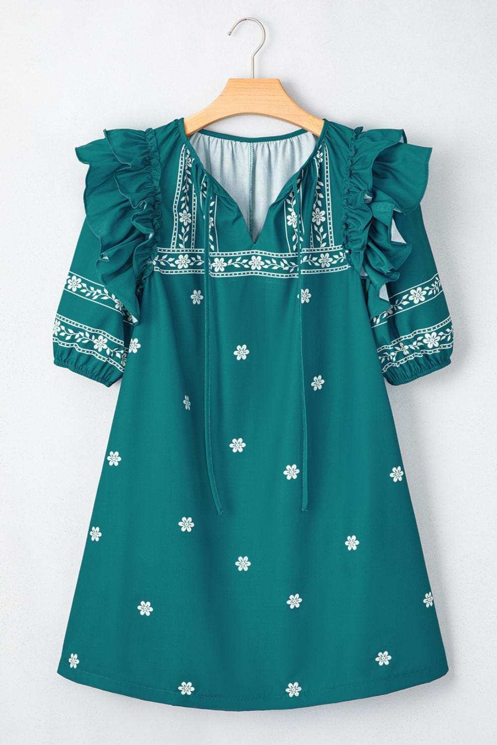 Floral Ruffle Puff Sleeve Tie Neck Mini Dress - Trendsi - Flyclothing LLC