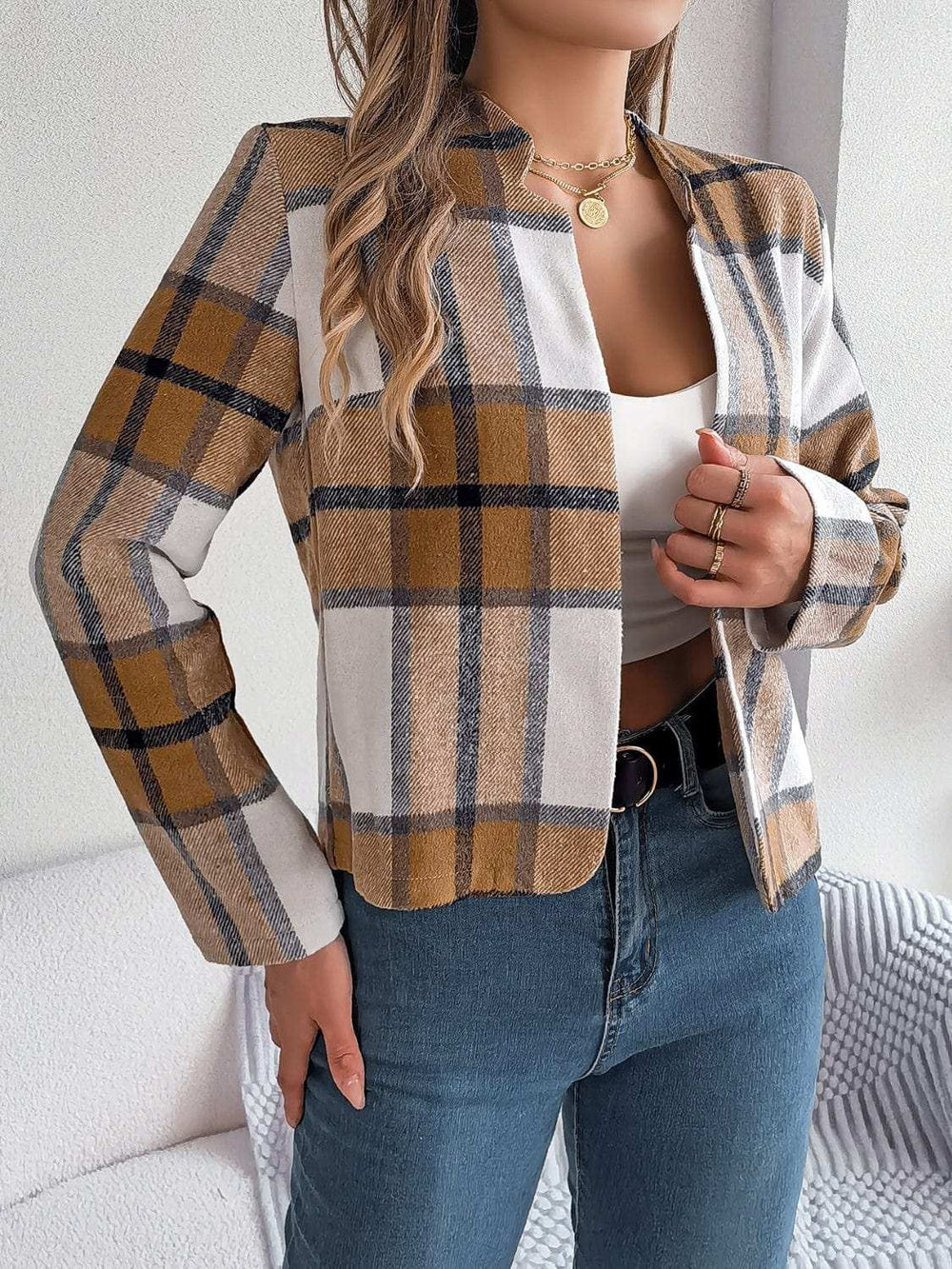Plaid Open Front Long Sleeve Jacket - Trendsi - Flyclothing LLC