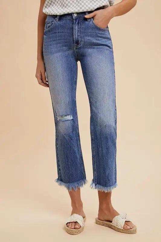 Annie Wear Distressed Raw Hem Straight Leg Cropped Jeans - Trendsi - Flyclothing LLC
