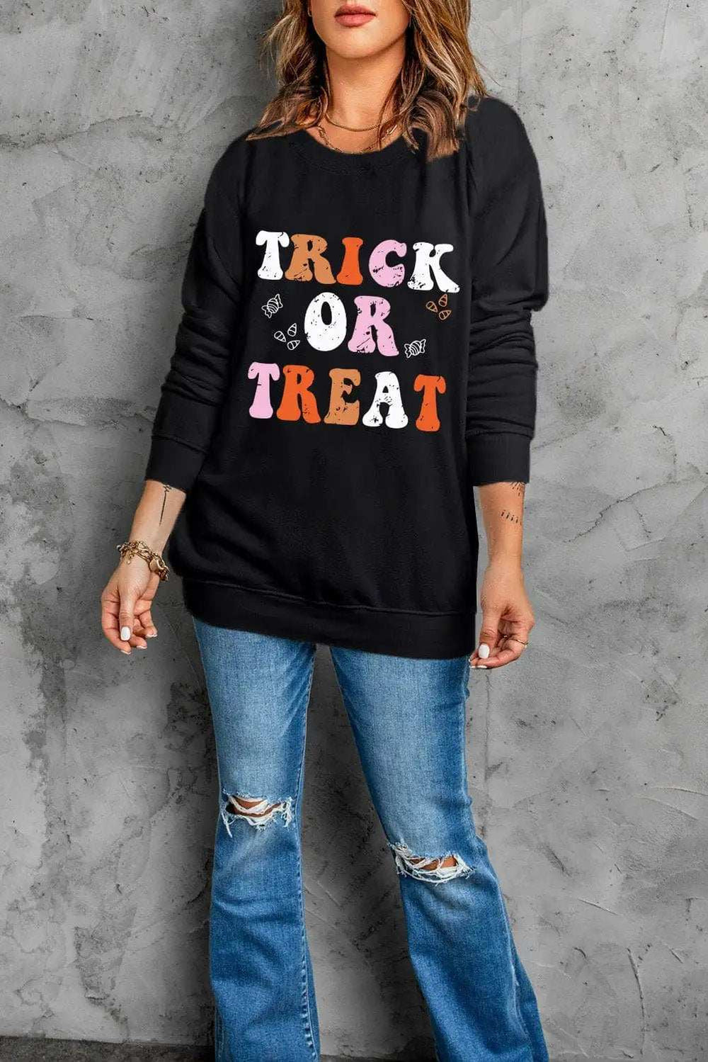 Letter Graphic Round Neck Long Sleeve Sweatshirt - Trendsi - Flyclothing LLC