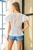 Davi & Dani Shirring V-Neck Ruffle Gingham Plaid Printed Top - Trendsi - Flyclothing LLC