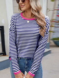 Striped Contrast Round Neck Long Sleeve Sweater - Trendsi - Flyclothing LLC