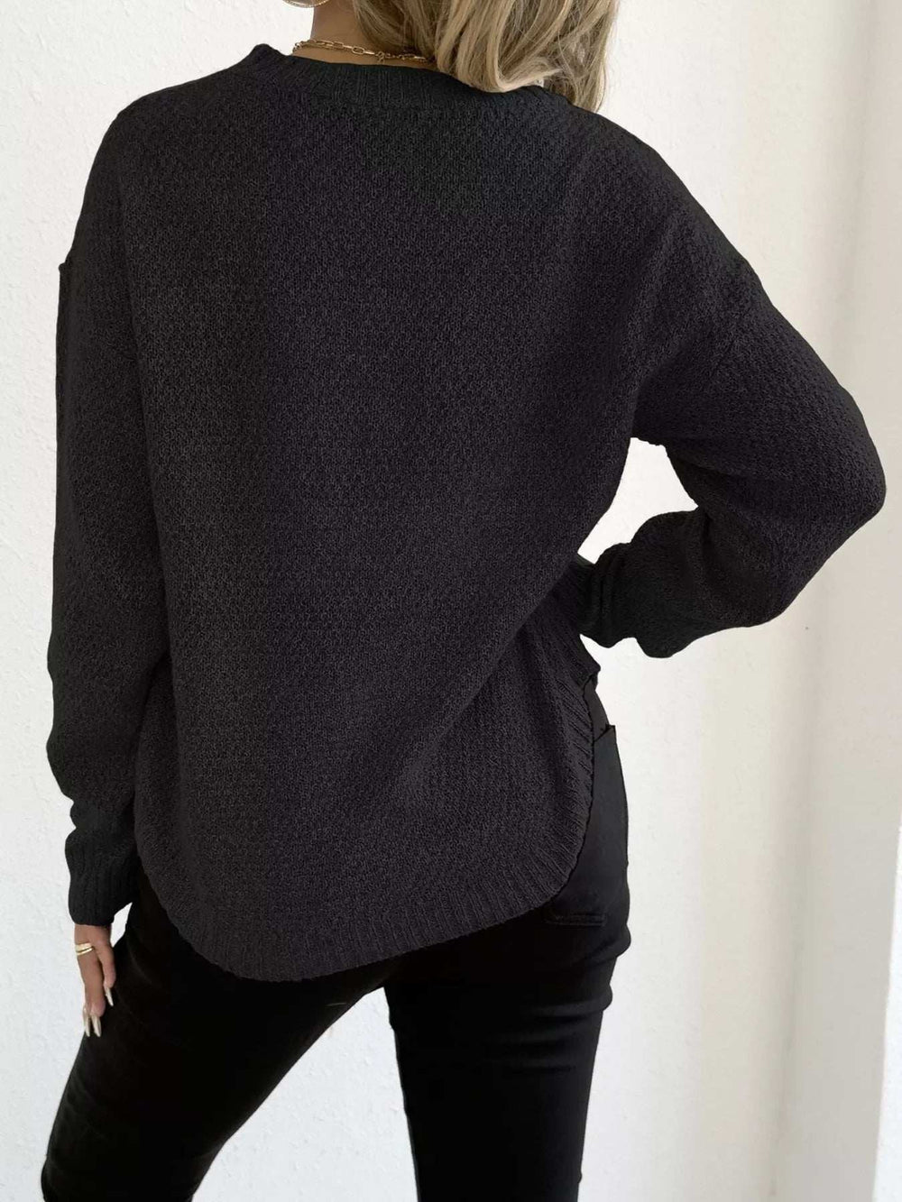 Textured Knit Relaxed Fit Round Neck Sweater - Trendsi - Flyclothing LLC