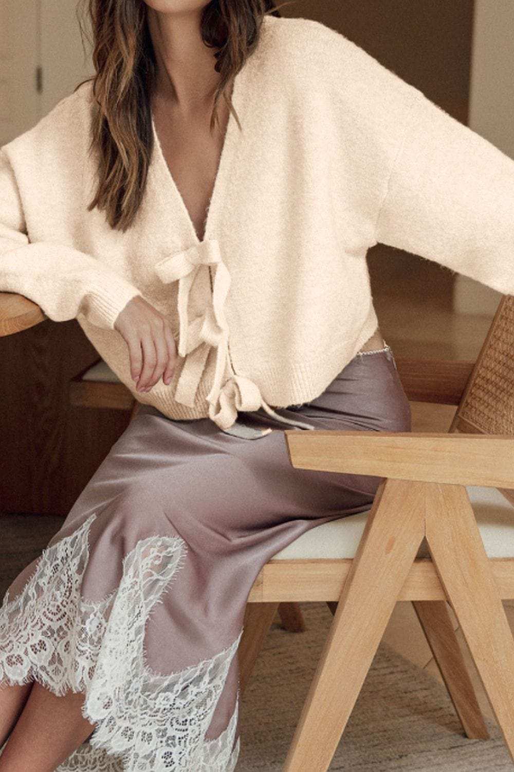 Bowknot Front V Neck Long Sleeve Cardigan - Trendsi - Flyclothing LLC