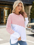 Slit Contrast Striped Long Sleeve Sweatshirt - Trendsi - Flyclothing LLC