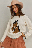 SO ME Horse Knit Sweater Top with Blanket Stitch - Trendsi - Flyclothing LLC
