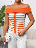 Decorative Button Striped Off-Shoulder Knit Top - Trendsi - Flyclothing LLC