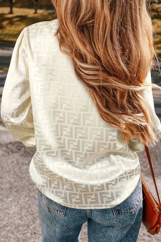 Geometric V-Neck Long Sleeve Blouse - Trendsi - Flyclothing LLC