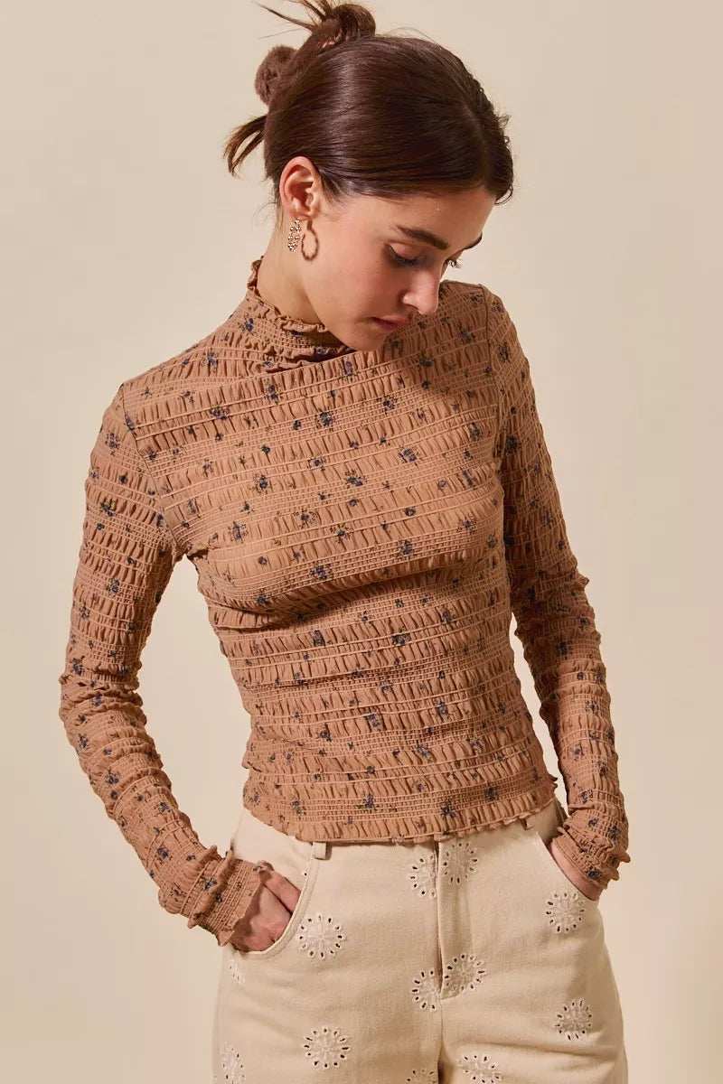 SO ME Floral Print Textured Long Sleeve Knit Top - Trendsi - Flyclothing LLC