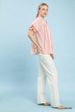 Umgee Striped Notched Top with Short Flutter Sleeves - Trendsi - Flyclothing LLC