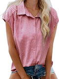 Plaid Button Up Cap Sleeve Shirt - Trendsi - Flyclothing LLC