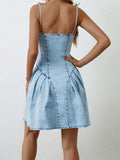 Ruched Zip Up Spaghetti Strap Denim Dress - Trendsi - Flyclothing LLC