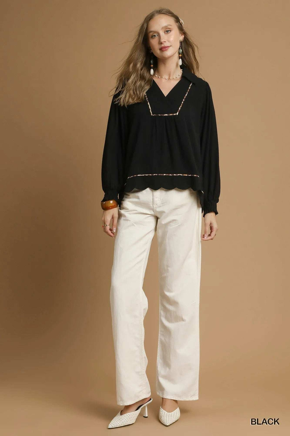 Umgee Full Size Linen Scallop Hem Blouse with Contrast Trim Plus Size - Trendsi - Flyclothing LLC
