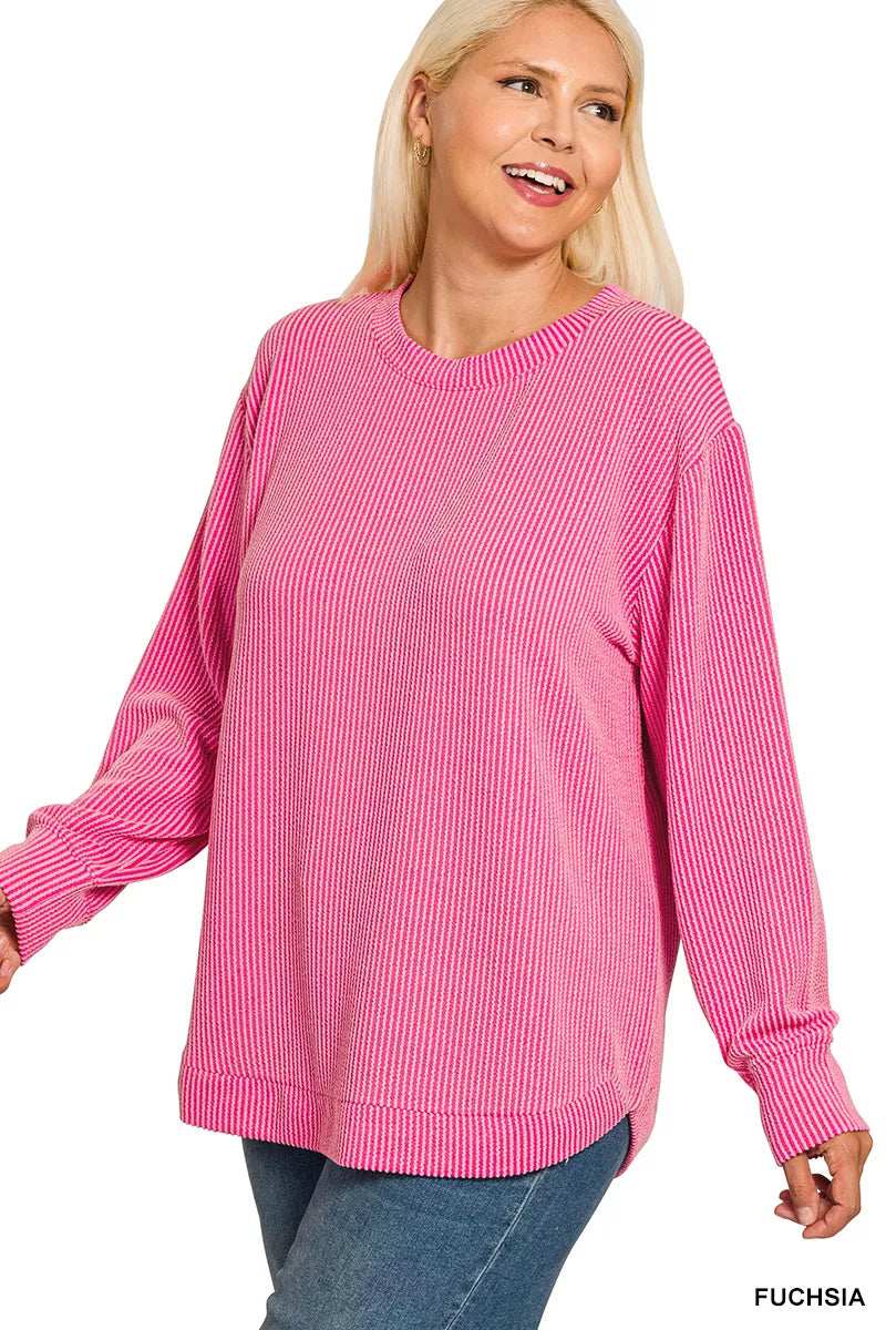 Zenana Full Size Raised Rib Round Neck Long Sleeve Top Plus Size - Trendsi - Flyclothing LLC