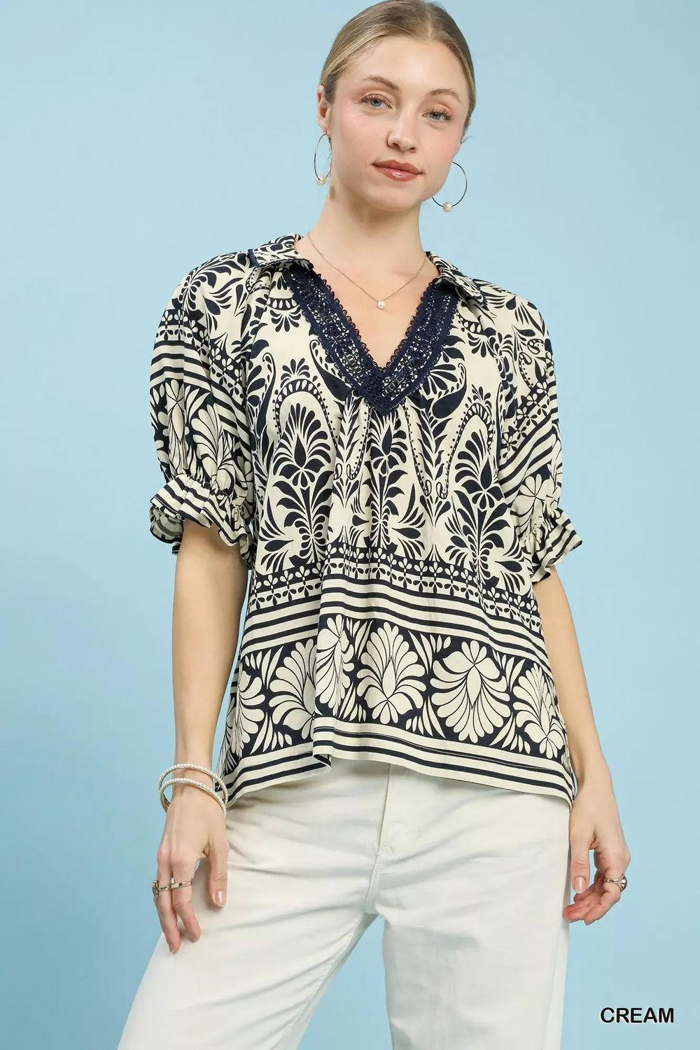 Umgee Two Tone Boarder Print Top - Trendsi - Flyclothing LLC
