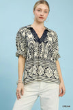 Umgee Two Tone Boarder Print Top - Trendsi - Flyclothing LLC
